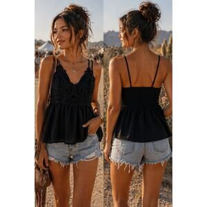 Black Lace Strappy Back Babydoll Tank Top Small Boho Coquette Festival Cami